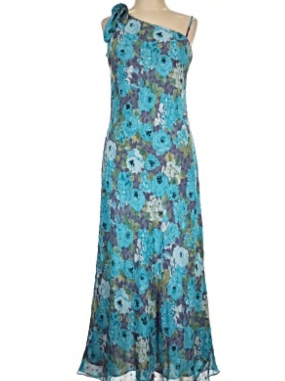 CDC Blue Floral One-Shoulder Maxi Dress with Shoulder Bow